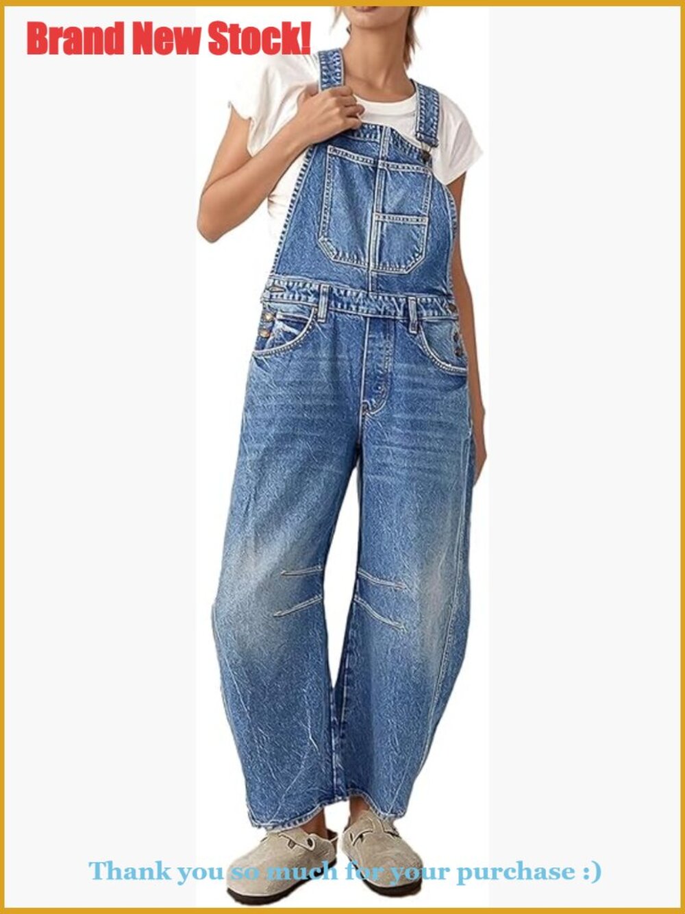 Barrel Leg Denim Overalls with Stitch Detail and Pockets